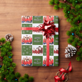 Merry & Bright Christmas Snowflake Foto Green Geschenkpapier