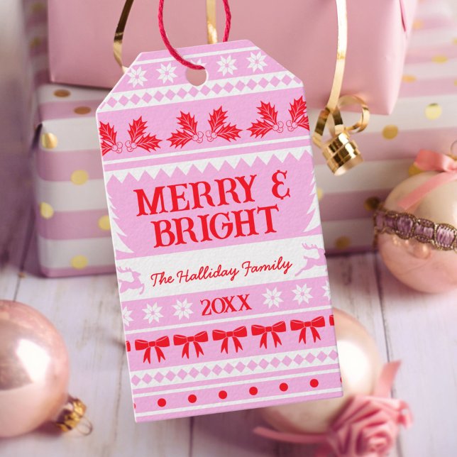Merry & Bright Christmas Sweater Pink, Red & White Geschenkanhänger (Merry & Bright Christmas Sweater Pink, Red & White Gift Tags)