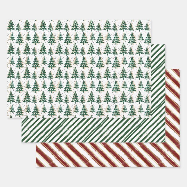 Merry & Bright Christmas Trees & Stripes Set von 3 Geschenkpapier Set (Set)