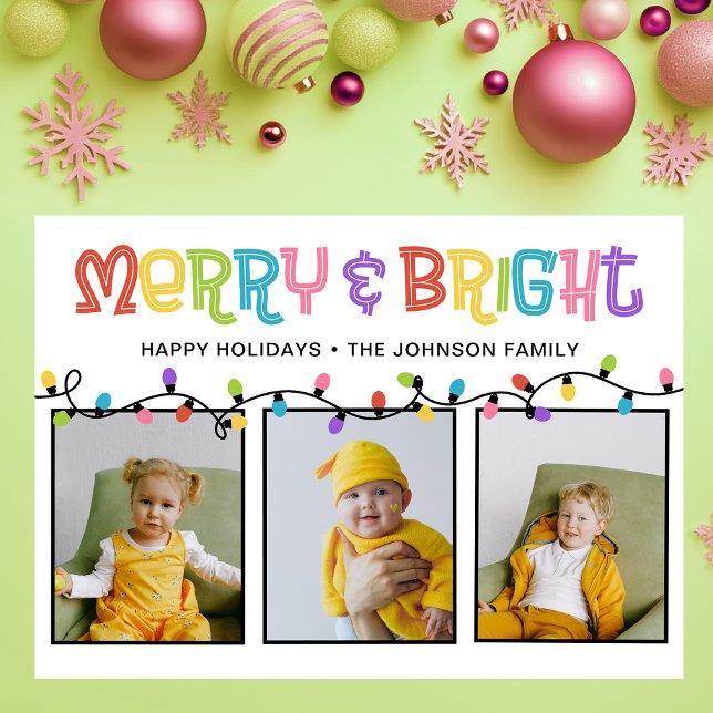 Merry & Bright Colorful 3 Foto Feiertagskarte (Von Creator hochgeladen)
