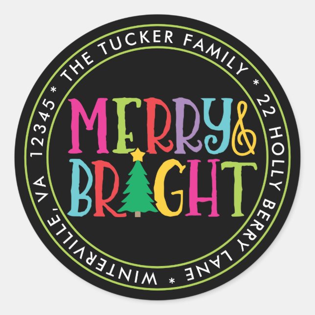 Merry & Bright Colorful Christmas Address Label Runder Aufkleber (Vorderseite)