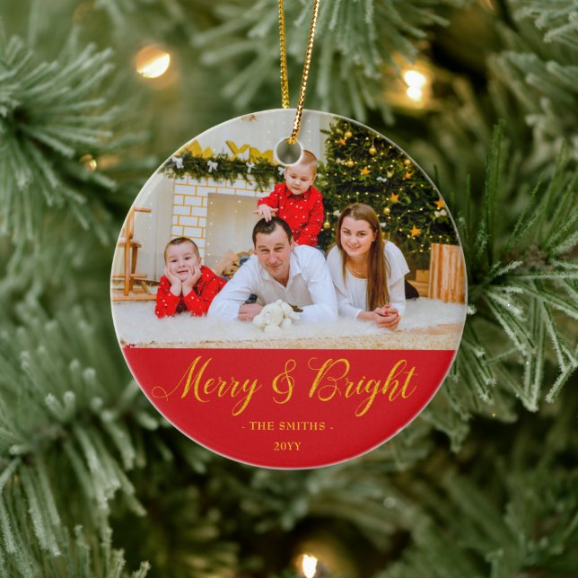Merry & Bright Custom Photo & Name Keramik Ornament (Baum)