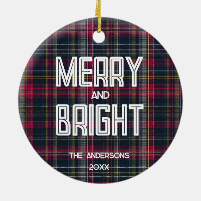 Merry & Bright Custom Tartan Family Foto Holiday Keramik Ornament (Hinten)