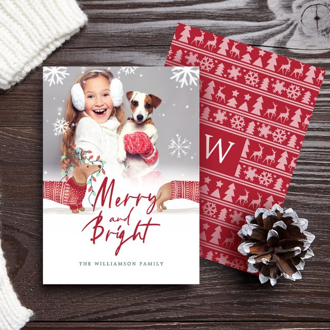 Merry & Bright | Dackel Weihnachts-Foto Feiertagskarte (Merry & Bright | Dachshund Christmas Sweater Photo Holiday Card)