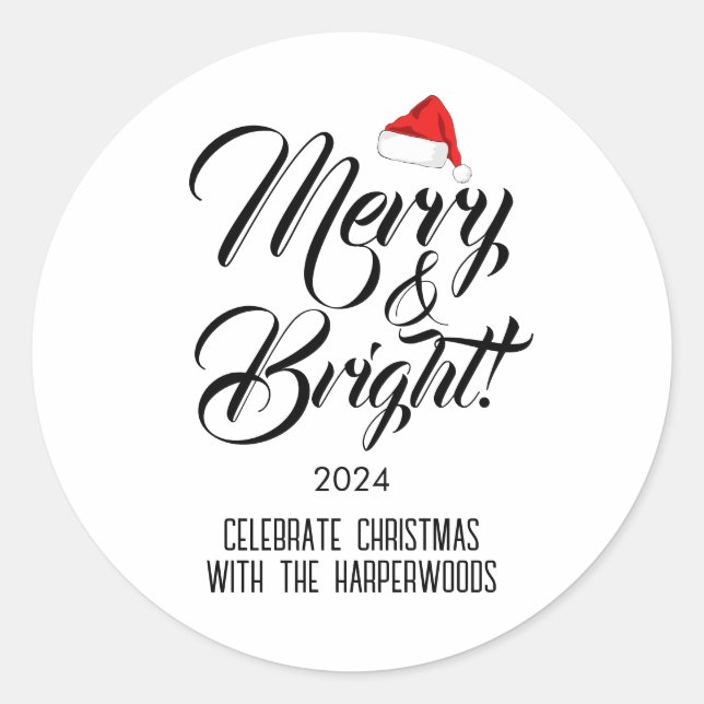 Merry & Bright | Einfache elegante Weihnachtsfamil Runder Aufkleber (Vorderseite)