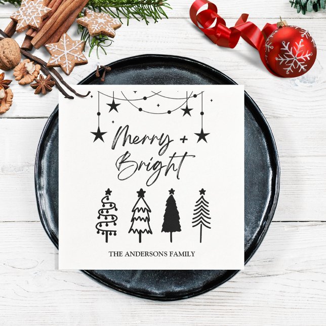 Merry Bright Elegant Script Pine Trees Weihnachten Serviette (Von Creator hochgeladen)