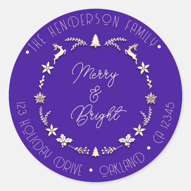 Merry Bright Familienadresse Deer Gold Wreath Blue Runder Aufkleber (Vorderseite)