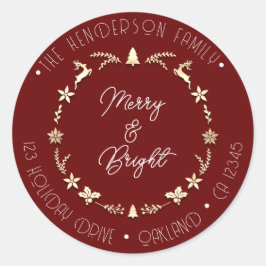 Merry Bright Familienadresse Deer Gold Wreath Red Runder Aufkleber