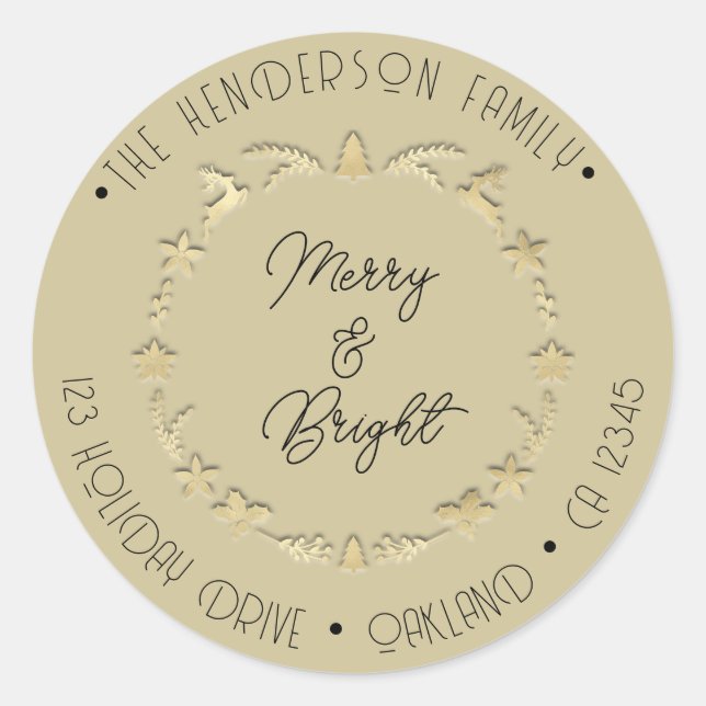 Merry Bright Familienadresse Deer Star Gold Mustar Runder Aufkleber (Vorderseite)