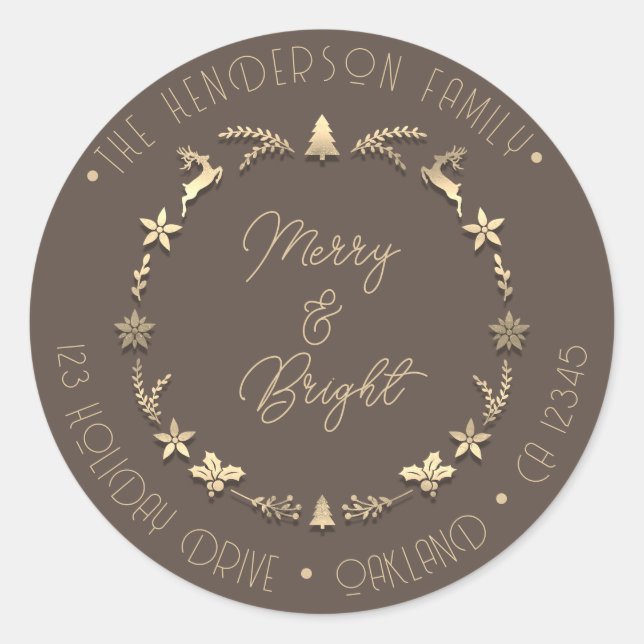 Merry Bright Familienadresse Deer Stars Gold Brown Runder Aufkleber (Vorderseite)