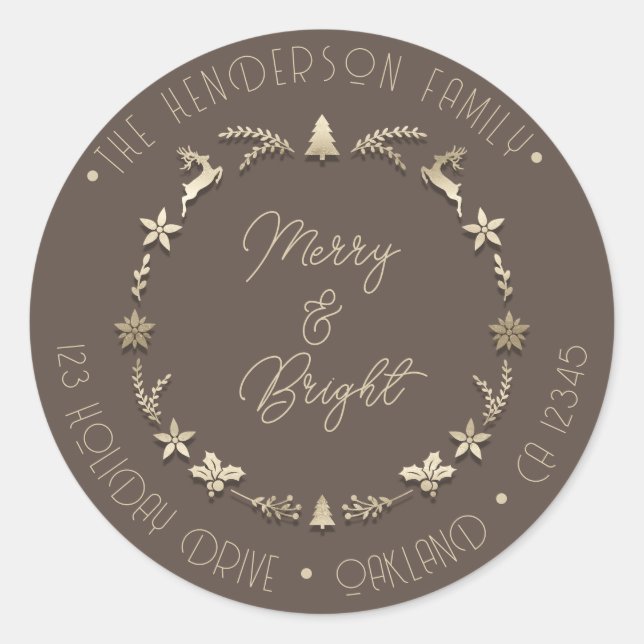 Merry Bright Familienadresse Deer Stars Gold Sepia Runder Aufkleber (Vorderseite)