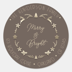 Merry Bright Familienadresse Deer Stars Gold Sepia Runder Aufkleber