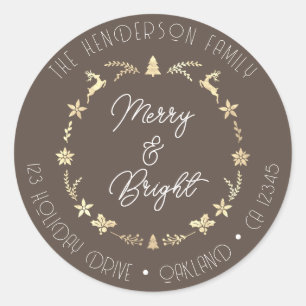 Merry Bright Familienadresse Rentier Wreath Gold Runder Aufkleber
