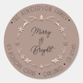 Merry Bright Familienadresse Wreath Dez Rose Runder Aufkleber