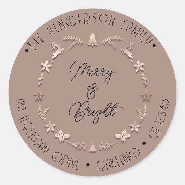 Merry Bright Familienadresse Wreath Dez Rose Runder Aufkleber (Vorderseite)