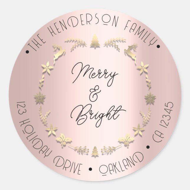 Merry Bright Familienadresse Wreath Gold Rose Runder Aufkleber (Vorderseite)