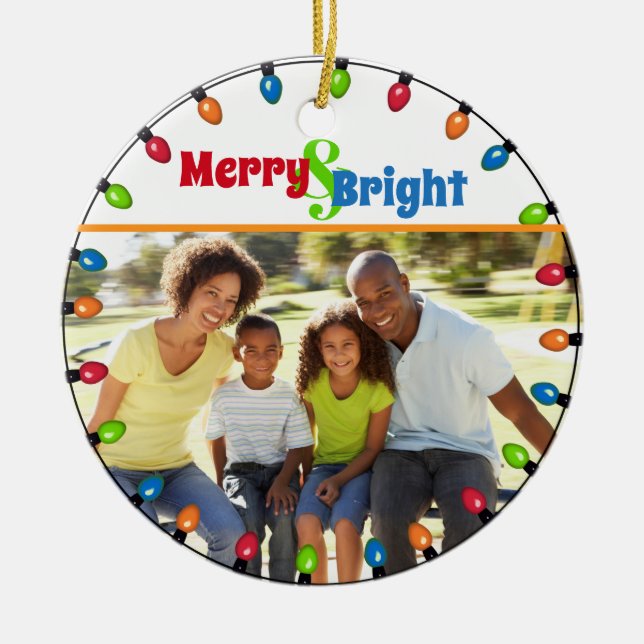 Merry & Bright Family Foto Weihnachtsbeleuchtung Keramik Ornament (Vorne)
