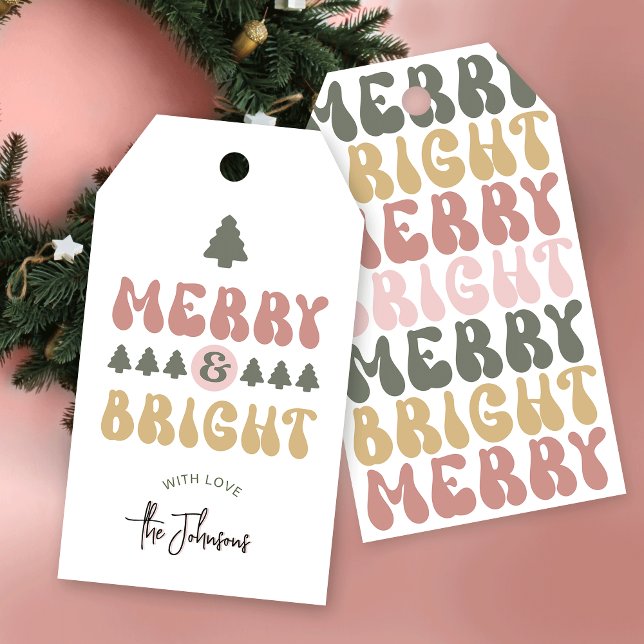 Merry & Bright farbenfroh Retro Groovy Weihnachten Geschenkanhänger (Embrace the retro charm with this Merry & Bright Christmas Gift Tag with space for your name)