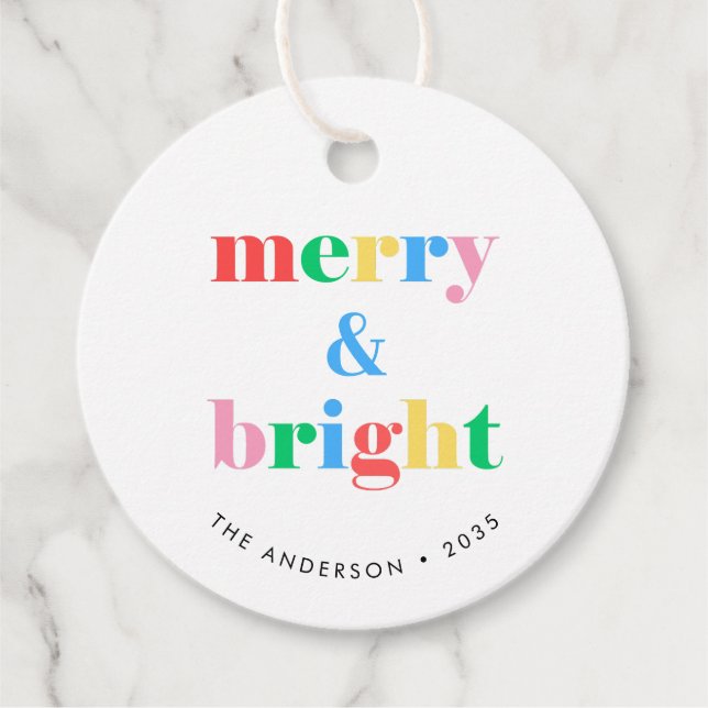 Merry & Bright farbenfrohe Typografie Weihnachtsge Geschenkanhänger (Vorderseite)