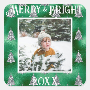 Merry & Bright Foto Metallic Glitzer Quadratischer Aufkleber