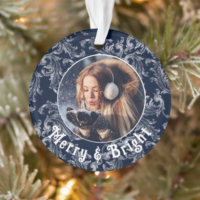 Merry & Bright Foto Personalisiert Blue Vintag Ornament (Baum)