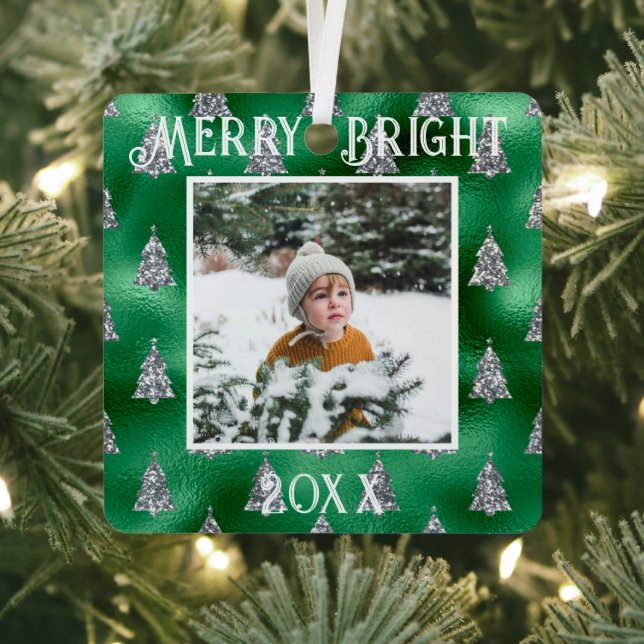 Merry & Bright Foto Personalisiert Metallic Glitze Ornament Aus Metall (InSitu)