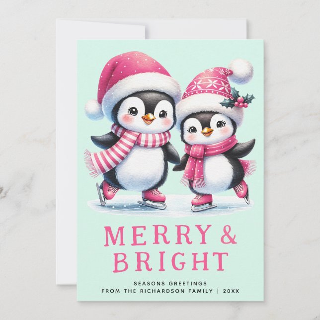 Merry & Bright Fun Penguin Pink Minze Weihnachten (Vorderseite)