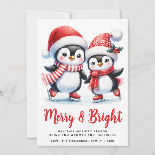 Merry Bright Fun Penguins White Red Christmas Feiertagskarte
