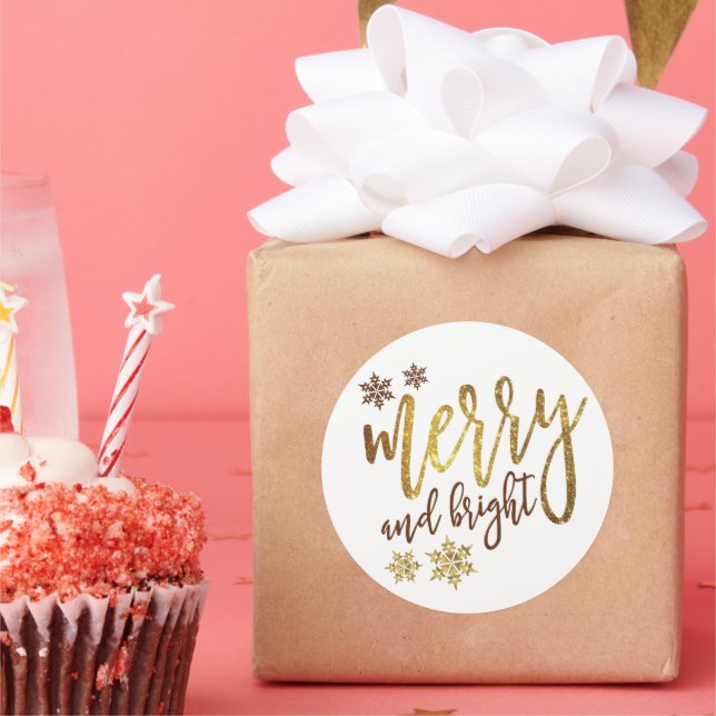 Merry & Bright, Gold White, Runder Aufkleber (Party)