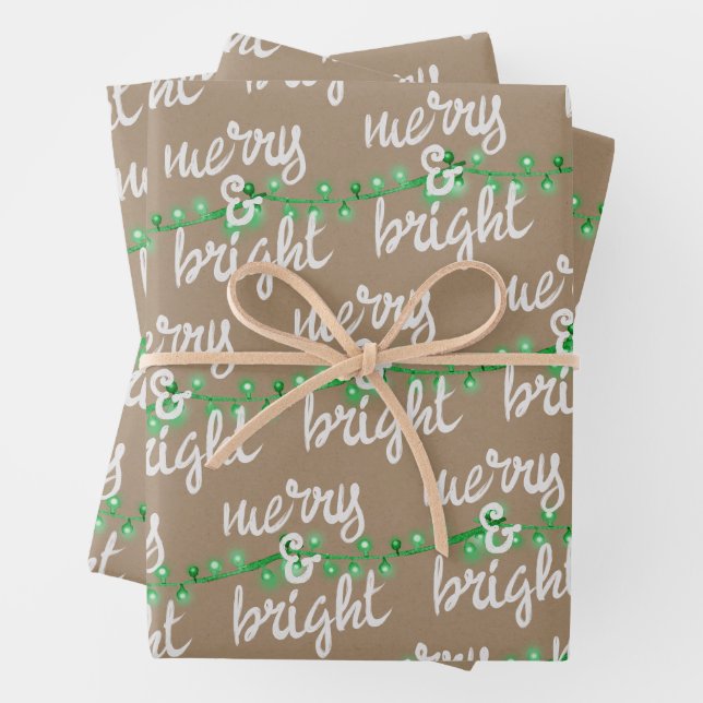 Merry & Bright Green Christmas Tree Lights Kraft Geschenkpapier Set (Beispiel)