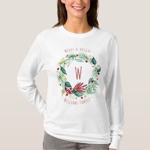 Merry & Bright Greenerity Wreath Monogram Holiday T-Shirt
