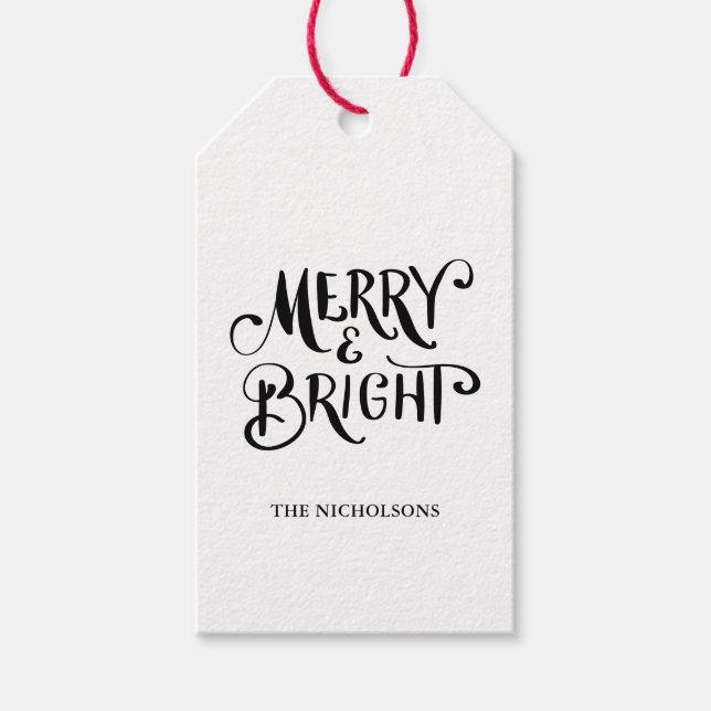 Merry & Bright Handgeschriebenes Skript Geschenkanhänger (Vorderseite)