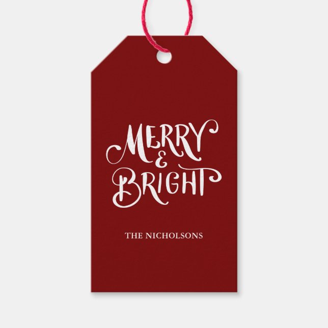 Merry & Bright Handgeschriebenes Skript rot Geschenkanhänger (Vorderseite)
