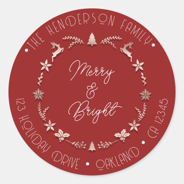 Merry Bright Holiday Address Wreath Deer Rose Red Runder Aufkleber (Vorderseite)