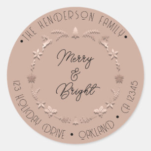 Merry Bright Holiday Address Wreath Deer Rose Runder Aufkleber