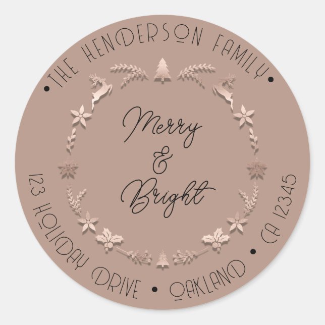 Merry Bright Holiday Address Wreath Deer RoseSkin Runder Aufkleber (Vorderseite)