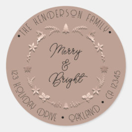 Merry Bright Holiday Address Wreath Deer RoseSkin Runder Aufkleber