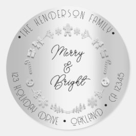 Merry Bright Holiday Address Wreath Silver Gray Runder Aufkleber