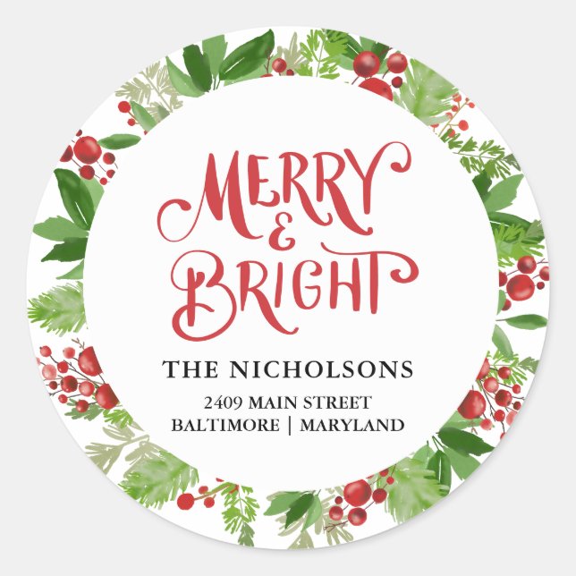 Merry & Bright Holiday Wreath Script Runder Aufkleber (Vorderseite)