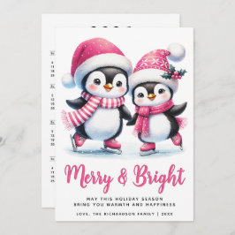 Merry Bright Ice Skaten Penguins Pink Weihnachten