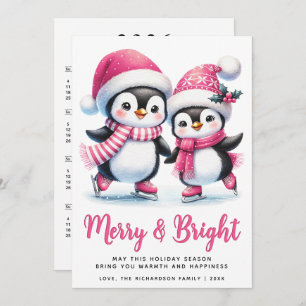 Merry Bright Ice Skaten Penguins Pink Weihnachten