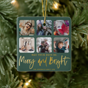 Merry & Bright Imitats Gold & Green 6 Foto Weihnac Keramikornament