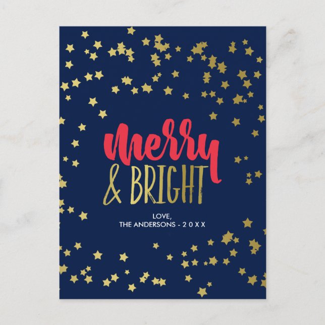 Merry & Bright | Imitats Gold Stars Feiertagspostkarte (Vorderseite)