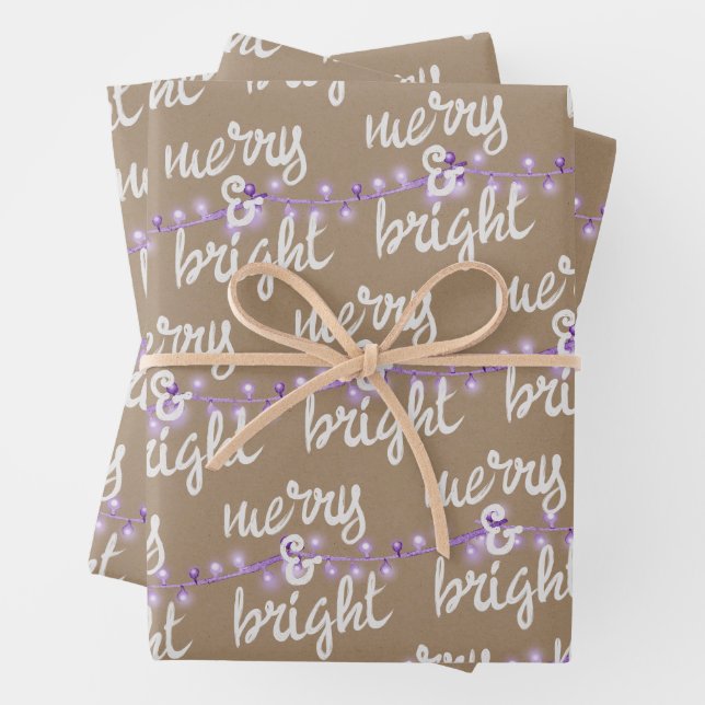 Merry & Bright Lila Weihnachtsbaum Lights Kraft Geschenkpapier Set (Beispiel)