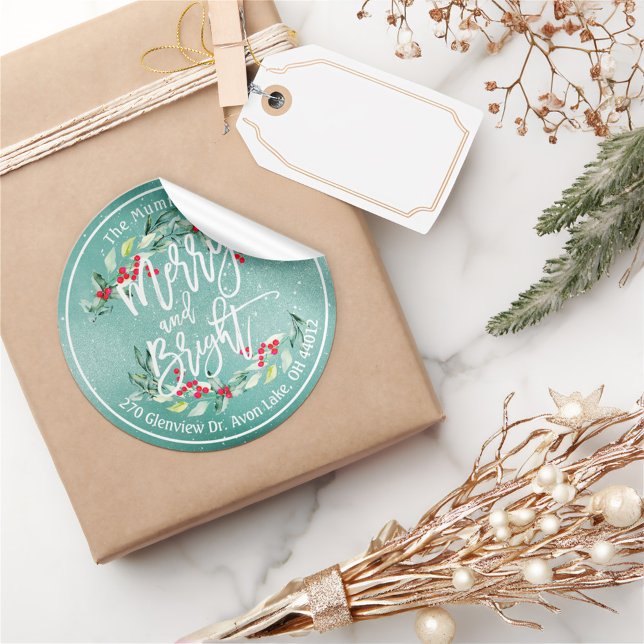 Merry Bright Merry Christmas Holly Floral Address Runder Aufkleber (Von Creator hochgeladen)