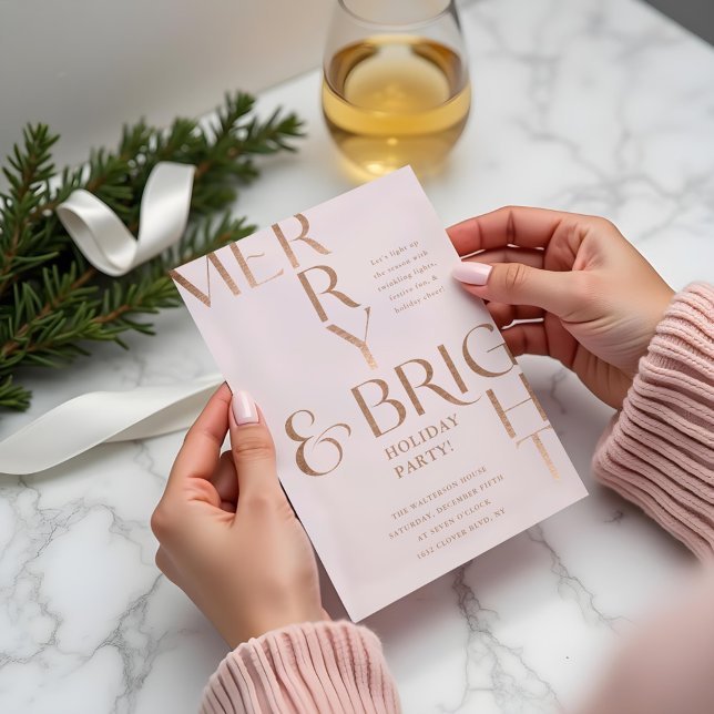 Merry & Bright Minimaler Urlaub Weihnachten Party Einladung (Merry & Bright Minimal Holiday Christmas Party Pink Invitation)