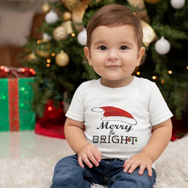 Merry & Bright mit Weihnachtsmannmütze Weihnachten Baby T-shirt (Merry & Bright with Santa Hat Christmas Baby T-Shirt)