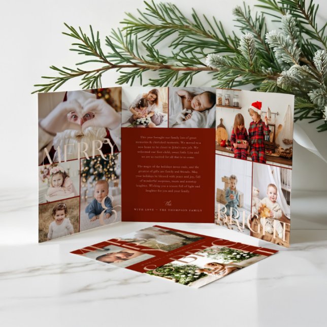 Merry & Bright Modern Bold Family Foto Collage Dreifach Gefaltete Urlaubskarte (Merry & Bright Modern Bold Family Photo Collage Tri-Fold Red Holiday Card (Inside))