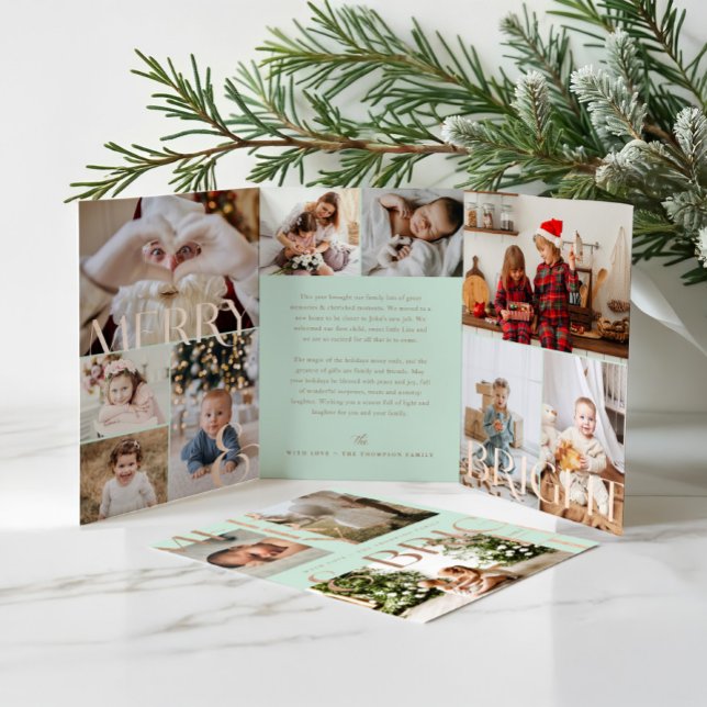 Merry & Bright Modern Bold Family Foto Collage Dreifach Gefaltete Urlaubskarte (Merry & Bright Modern Bold Family Photo Collage Tri-Fold Mint Green Holiday Card (Inside))