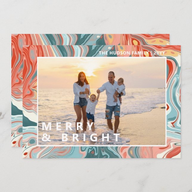 Merry & Bright Modern Liquid Marble Foto Holiday (Vorne/Hinten)